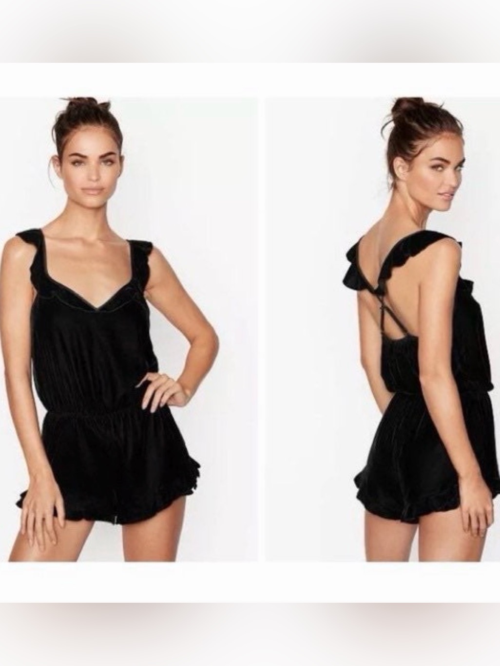 Nwot Victoria's Secret Black Velour Ruffle Romper Size Medium